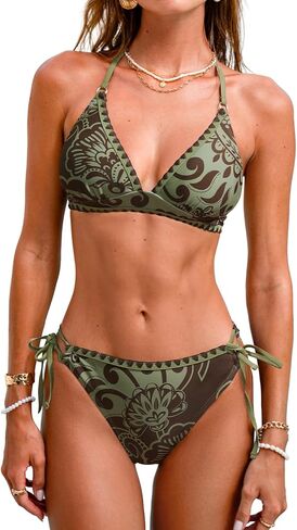 CUPSHE Women's Bikini Sets Two Piece Swimsuit V Neck Halter Back Self Tie Stitching Side Lace Up in Kuwait