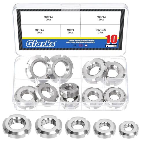 Glarks 10pcs M10/M12/M14/M16/M18 Retaining Four-Slot Slotted Nut Kit, Stainless Steel Round Slotted Lock Nuts, Tight Groove Anti-Loosening Lock Nuts for Rolling Bearings, Industrial Field in Saudi Arabia