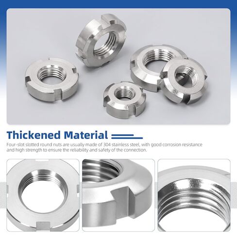 Glarks 10pcs M10/M12/M14/M16/M18 Retaining Four-Slot Slotted Nut Kit, Stainless Steel Round Slotted Lock Nuts, Tight Groove Anti-Loosening Lock Nuts for Rolling Bearings, Industrial Field in Saudi Arabia