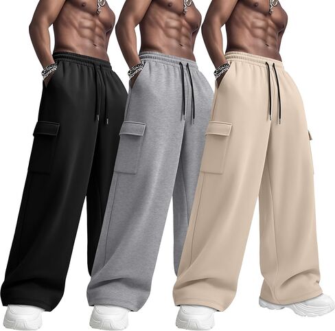 Neer 3 Pack Men's Baggy Cargo Sweatpants Wide Leg Straight Drawstring Open Bottom Joggers S-3XL Lounge Pants with Pockets in Saudi Arabia