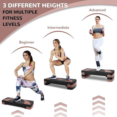 منصة Fitvids Step Aerobic، خطوة تمرين 31 بوصة مع 3 مستويات ارتفاع قابلة للتعديل، 4 رافعات قابلة للتكديس، أداة تدريب اللياقة البدنية لصالة الألعاب الرياضية المنزلية، قوة القلب، أسود ووردي in Saudi Arabia