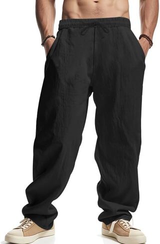 Mens Linen Pants Yoga Beach Loose Fit Casual Summer Elastic Waist Drawstring Baggy Trousers with Pockets Black in Saudi Arabia