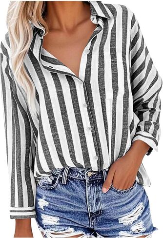 Women's Striped Long Sleeve Collared Button Down Shirt with Pocket Casual Cotton Linen Tops Blouses for Work Vacation in Saudi Arabia