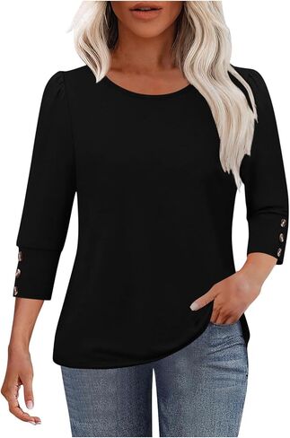 Womens Tops 3/4 Sleeve with Buttons Dressy Casual Scoop Neck Puff Sleeve Tunic Shirts Ladies Beach Vacation Blouses in Saudi Arabia