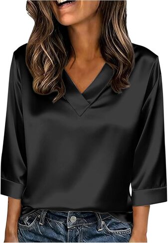 Satin Blouses for Women Dressy Casual 3/4 Sleeve V Neck T Shirts Office Ladies Spring Summer Business Work Shirts Top in Saudi Arabia