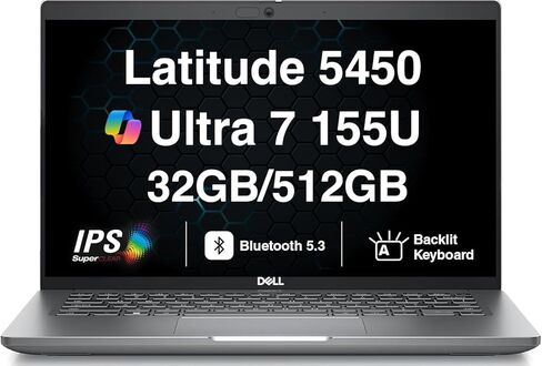 Dell Latitude 5450 AI Powered Powerged 4.0 "عرض IPS FHD (Intel Core Ultra 7 155U ، 32GB DDR5 ، 512GB M.2 PCIE SSD ، Intel Graphics ، Backlit KB ، 2 Thunderbolt 4 ، Wifi 6E ، Webcam ، Win 11 Pro) in Kuwait