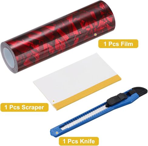 HARFINGTON 1 Set Carbon Fiber Vinyl Wrap 4" x 5ft PET Forged Self-Adhesive Car Sticker Waterproof Wrap Roll with Scraper Tool for DIY Decor Automotive Exterior Protection, Red in Saudi Arabia
