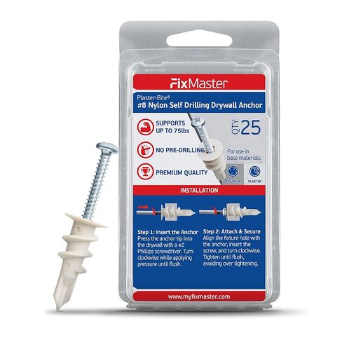 #8 Nylon Self-Drilling Drywall Anchors w/Screws (25 Anchors & 25 Screws) – Premium Nylon 66 Hollow Wall Anchors for 3/8"-5/8" Drywall – Shock-Resistant Hold, Easy Install - 75lb Holding Strength in Saudi Arabia