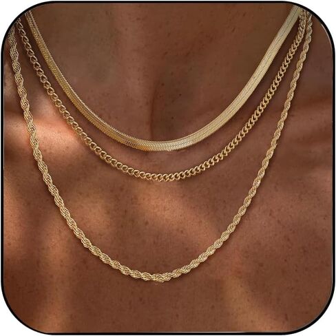 Layered Necklaces for Women, Dainty 14K Gold Plated Herringbone Chain Necklace Set Chunky Gold Necklace Stack Layering Choker Necklaces for Women Trendy Fashion Waterproof Jewelry in Kuwait