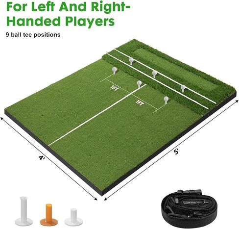 سجادة جولف مقاس 5 × 4 أقدام مع صينية كروية، سجادات ضرب جولف سميكة 26 مم للفناء الخلفي، نطاق القيادة، التدريب الداخلي والخارجي، حصيرة العشب مع 3 تي شيرت للتدريب على القيادة المتأرجحة in Kuwait