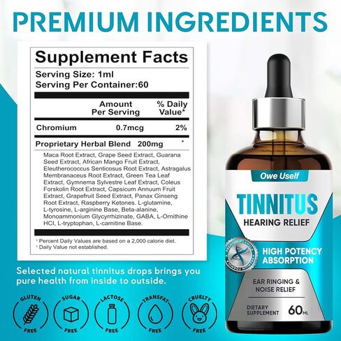 تخفيف طنين الأذن من طنين الأذن، قطرات تخفيف طنين الأذن سريعة المفعول - حل طبيعي للعناية بالأذن لتقليل الرنين والطنين، وتعزيز الوضوح السمعي والراحة للرجال والنساء، 60 مل in Kuwait