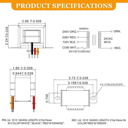24V 40VA Control Transformer, Primary 120, 208, 240V Secondary, 24V Transformer with Foot Mount for HVAC Furnace Multi Tap in Kuwait