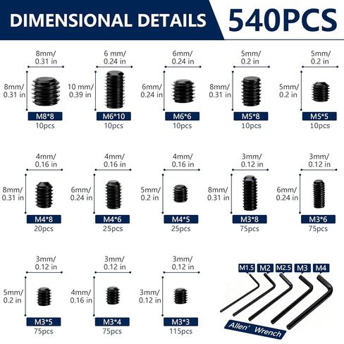 540 Pcs Metric Set Screws Assortment Kit, Hex Drive Set Screws for Bathroom Fixtures, M3 M4 M5 M6 M8 Allen Head Grub Screwss, Set Screw Assortment Kit for Door Handles Knobs Repair Furniture(Black) in Saudi Arabia