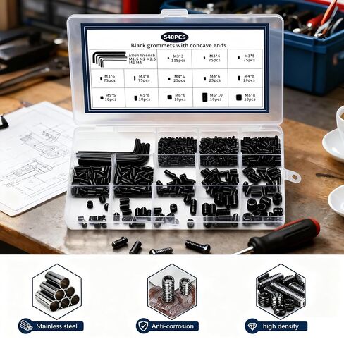 540 Pcs Metric Set Screws Assortment Kit, Hex Drive Set Screws for Bathroom Fixtures, M3 M4 M5 M6 M8 Allen Head Grub Screwss, Set Screw Assortment Kit for Door Handles Knobs Repair Furniture(Black) in Saudi Arabia