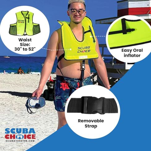 Scuba Choice Snorkel Jacket Vest with Pockets – High Visibility Neon Yellow, Adjustable Buoyancy, Mesh Pockets for Adult Waist Size 30"-52" (Snorkeling Oral Inflatable Vests) in Saudi Arabia