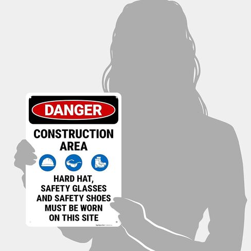 Danger Construction Area Hard Hat Safety Glasses and Safety Shoes Sign, 10x14 Inches, 55 mil Thick HDPS (high Density polystyrene), Made in USA by Sigo Signs in Saudi Arabia
