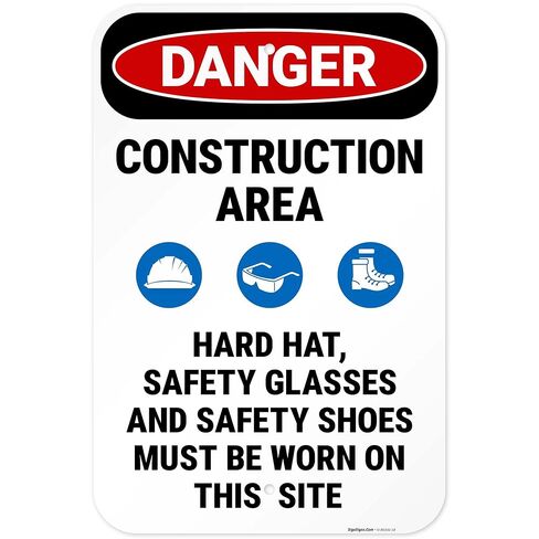 Danger Construction Area Hard Hat Safety Glasses and Safety Shoes Sign, 10x14 Inches, 55 mil Thick HDPS (high Density polystyrene), Made in USA by Sigo Signs in Saudi Arabia