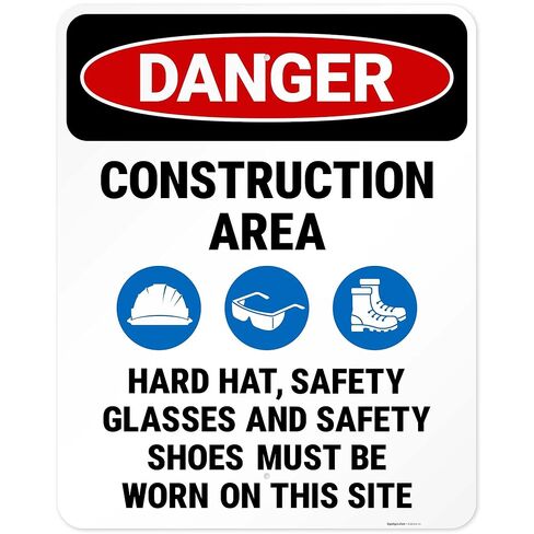 Danger Construction Area Hard Hat Safety Glasses and Safety Shoes Sign, 10x14 Inches, 55 mil Thick HDPS (high Density polystyrene), Made in USA by Sigo Signs in Saudi Arabia