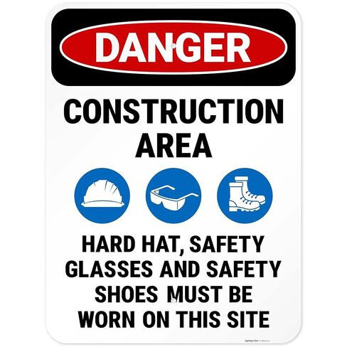 Danger Construction Area Hard Hat Safety Glasses and Safety Shoes Sign, 10x14 Inches, 55 mil Thick HDPS (high Density polystyrene), Made in USA by Sigo Signs in Saudi Arabia