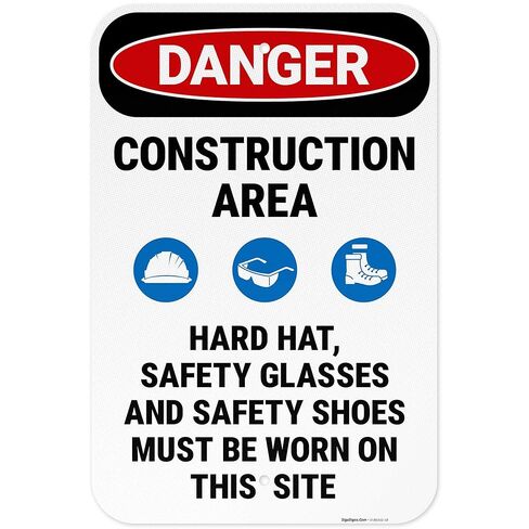 Danger Construction Area Hard Hat Safety Glasses and Safety Shoes Sign, 10x14 Inches, 55 mil Thick HDPS (high Density polystyrene), Made in USA by Sigo Signs in Saudi Arabia