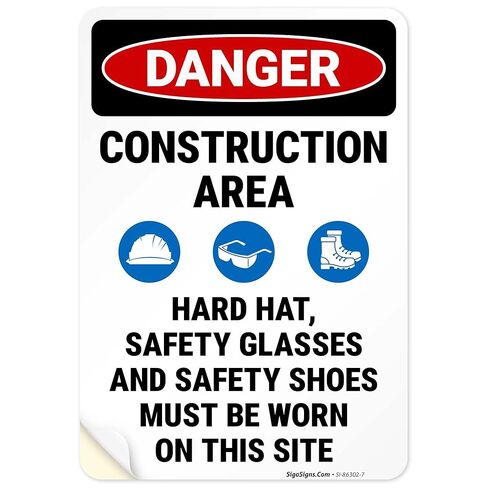 Danger Construction Area Hard Hat Safety Glasses and Safety Shoes Sign, 10x14 Inches, 55 mil Thick HDPS (high Density polystyrene), Made in USA by Sigo Signs in Saudi Arabia