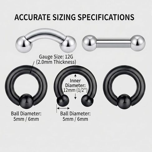 Anicina PA Rings Internally Threaded Circular Barbell Horseshoe Rings Spring Action Captive Bead Ring CBR Curved Barbell Bent Straight Barbell Surgical Steel 2G 4G 6G 8G 10G 12G Body Piercing Jewelry in Kuwait