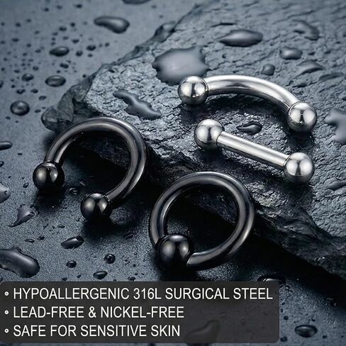 Anicina PA Rings Internally Threaded Circular Barbell Horseshoe Rings Spring Action Captive Bead Ring CBR Curved Barbell Bent Straight Barbell Surgical Steel 2G 4G 6G 8G 10G 12G Body Piercing Jewelry in Kuwait
