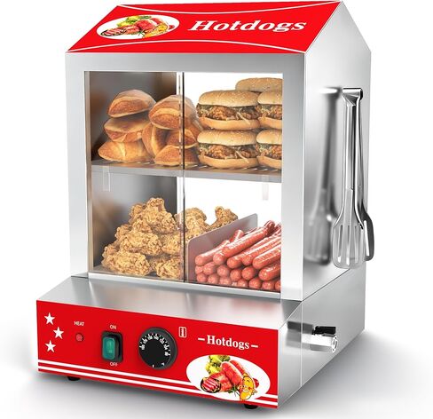 Hot Dog Steamer, 28.5QT 2-Tier Commercial Hot Dog Machine with Bun Warmer, 86°F~185°F Adjustable, 175 Hot Dogs & 40 Buns, Stainless Steel Hot Dog Bun Warmer with Tempered Glass Slide Doors in Kuwait