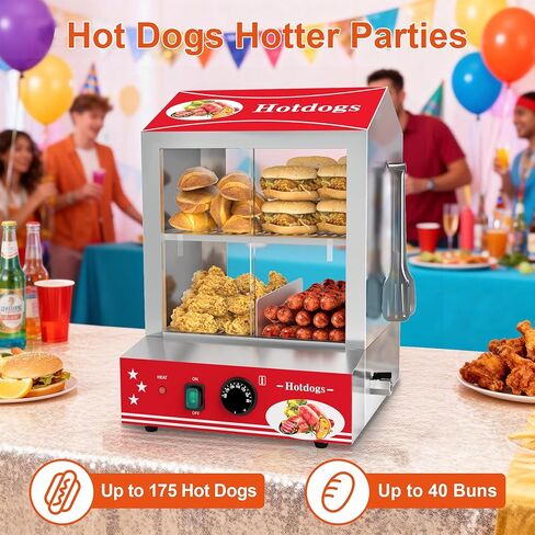 Hot Dog Steamer, 28.5QT 2-Tier Commercial Hot Dog Machine with Bun Warmer, 86°F~185°F Adjustable, 175 Hot Dogs & 40 Buns, Stainless Steel Hot Dog Bun Warmer with Tempered Glass Slide Doors in Kuwait