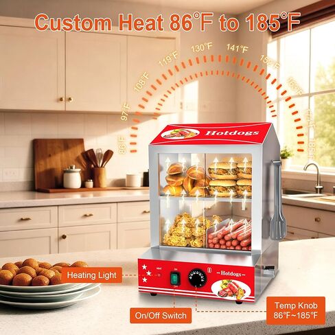 Hot Dog Steamer, 28.5QT 2-Tier Commercial Hot Dog Machine with Bun Warmer, 86°F~185°F Adjustable, 175 Hot Dogs & 40 Buns, Stainless Steel Hot Dog Bun Warmer with Tempered Glass Slide Doors in Kuwait