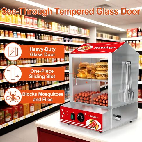 Hot Dog Steamer, 28.5QT 2-Tier Commercial Hot Dog Machine with Bun Warmer, 86°F~185°F Adjustable, 175 Hot Dogs & 40 Buns, Stainless Steel Hot Dog Bun Warmer with Tempered Glass Slide Doors in Kuwait