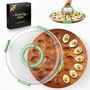 Deviled Egg Containers with Lid, Easter Gifts Set (24 Eggs), 2026 Upgraded Acacia Wooden Deviled Egg Tray Platter for Party and Home Kitchen, The Lid is Dishwasher Safe (Black) in Kuwait