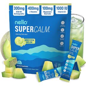 Nello Supercalm Powdered Drink Mix, Cortisol Reducer and Sleep Aid Supplement, L Theanine, Ksm-66 Ashwagandha, Magnesium Glycinate, Vitamin D 3, No Sugar, Non GMO, On The Go, 20 Ct, Honeydew Melon in Saudi Arabia