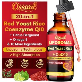 20-in-1 Liposomal 1500MG Red Yeast Rice with CoQ10 Drops, Cholesterol Supplement with Citrus Bergamot, Omega-3, Magnesium, Astaxanthin for Heart, Immune - Vegan, Citrinin-Free | 2 Fl OZ in Saudi Arabia