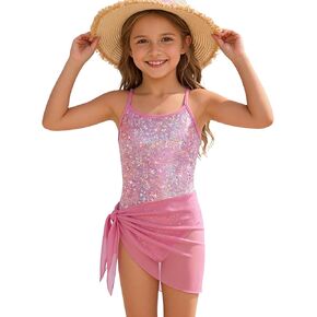 Girls One Piece Swimsuit Cute Swimsuit Girl Sparkle Swimwear Beach Bathing Suit Cover Up Skirt Adjustable Strap 5-10 in Kuwait