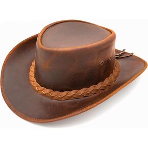 Leather Cowboy Hat (Large) – Australian Outback Western Style | Wide Brim, Rustic Braided Band, Chin Strap, Distressed Brown | Unisex Sun Protection for Men & Women in Saudi Arabia