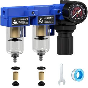 1/4" NPT Compressed air Dryer,Air Pressure Regulator Filter Combo,Air Compressor Filter Dryer,5 and 5 Micron Filter Cartridge,Semi-Auto Drain, Metal Bracket-Blue in Kuwait