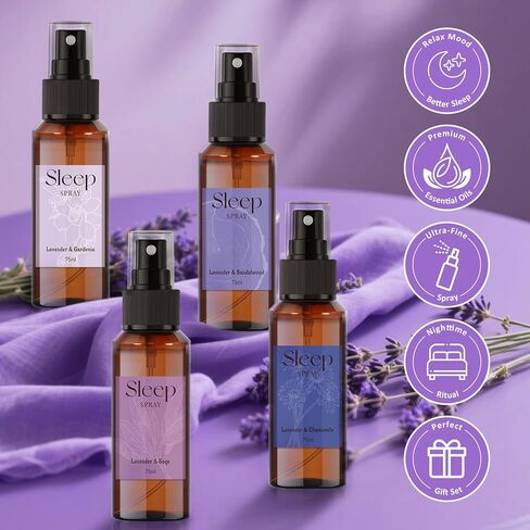 STRN Sleep Spray, Relaxing Lavender Essential Oil Mist, Pillow Spray for Deep Sleep, 4 Lavender Scented - Gardenia, Chamomile, Sandalwood, Sage, Sweet Dream Fragrance, 75 ML x 4 in Kuwait