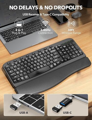 لوحة مفاتيح لاسلكية مريحة مع راحة معصم معصمة ، مفاتيح موجة للكتابة الطبيعية المريحة ، لوحة مفاتيح كمبيوتر USB كاسوم USB بحجم 2.4 جيجا هرتز ، للكمبيوتر المحمول ، MAC ، Windows (أسود غير لامع) in Kuwait