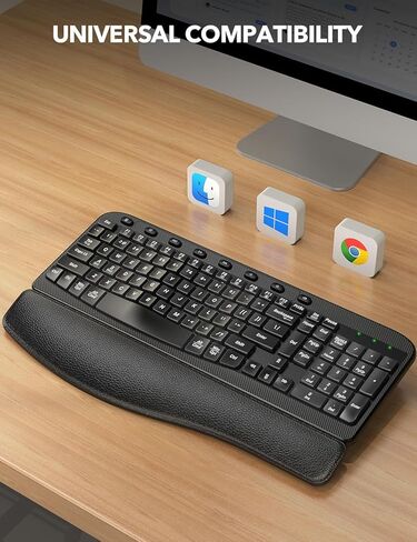 لوحة مفاتيح لاسلكية مريحة مع راحة معصم معصمة ، مفاتيح موجة للكتابة الطبيعية المريحة ، لوحة مفاتيح كمبيوتر USB كاسوم USB بحجم 2.4 جيجا هرتز ، للكمبيوتر المحمول ، MAC ، Windows (أسود غير لامع) in Kuwait