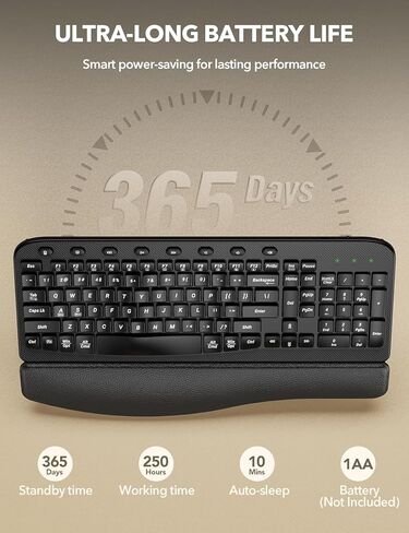 لوحة مفاتيح لاسلكية مريحة مع راحة معصم معصمة ، مفاتيح موجة للكتابة الطبيعية المريحة ، لوحة مفاتيح كمبيوتر USB كاسوم USB بحجم 2.4 جيجا هرتز ، للكمبيوتر المحمول ، MAC ، Windows (أسود غير لامع) in Kuwait