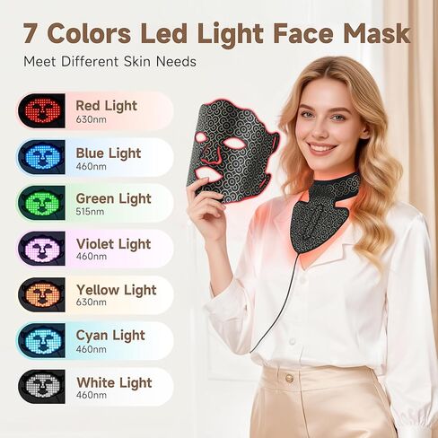 العلاج بالضوء الأحمر للوجه والرقبة، قناع العلاج بالضوء LED بـ 7 ألوان، قناع الضوء الأحمر القابل لإعادة الشحن بقدرة 2600 مللي أمبير في الساعة للعناية بالبشرة، مع سطوع ومؤقت قابلين للتعديل، مناسب للاستخدام في المنزل أو أثناء السفر in Kuwait