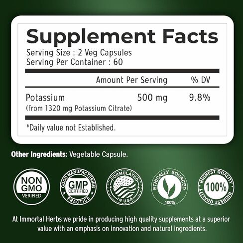 مكمل سيترات البوتاسيوم 1320 مجم، مسحوق عالي الامتصاص، 120 كبسولة نباتية، مكملات بوتاسيوم غير معدلة وراثيًا وخالية من الغلوتين للنساء والرجال in Kuwait