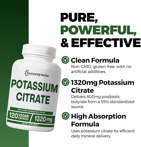 مكمل سيترات البوتاسيوم 1320 مجم، مسحوق عالي الامتصاص، 120 كبسولة نباتية، مكملات بوتاسيوم غير معدلة وراثيًا وخالية من الغلوتين للنساء والرجال in Kuwait