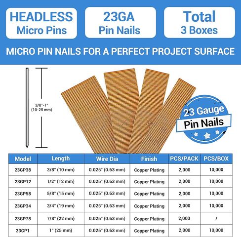 meite 23 Gauge Pin Nails, 5/8-Inch Micro Headless Pins for Pin Nailer - Copper Plated Pins Nails for Nail Gun, Ideal for Fine Woodworking and Trim Work (3 Boxes) in Saudi Arabia