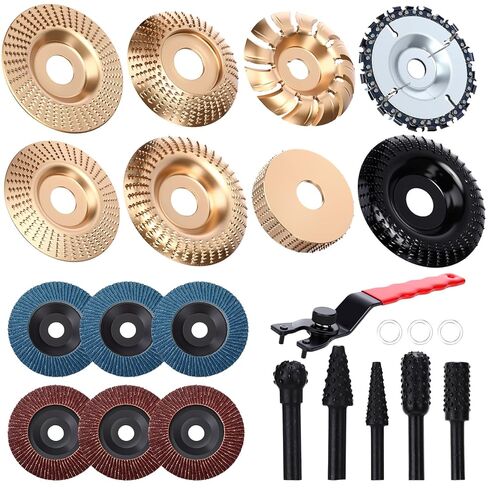 23 Pcs Wood Carving Disc Set for 4" 4-1/2" Angle Grinder Wood Grinding Wheels Chainsaw Carving Disc Flap Sanding Wheels Rotary Burrs Wrench Adapter Rings for Cutting Shaping Polishing in Saudi Arabia