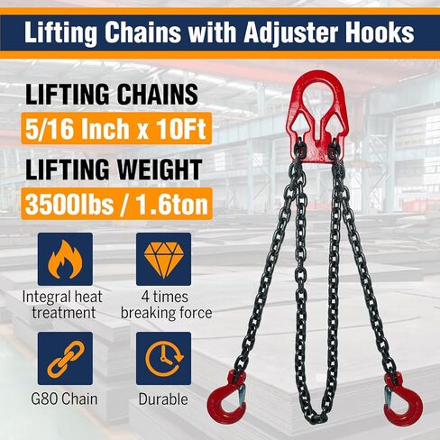 Lifting Chains with Adjuster Hooks, Adjustable Chain Sling 10FT 5/16",7055LBS/ 3.2 Tons, Heavy Duty Industrial Lifting Chain Slings for Industrial Engine Hoist in Saudi Arabia