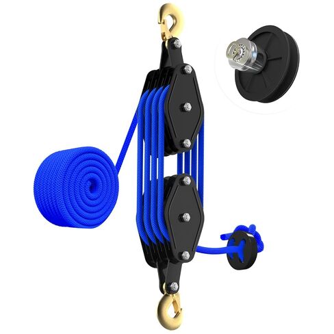 Rope Hoist Pulley System, 4400LB Pulley Block and Tackle, 8:1 Ratio Lifting Power 65ft, Heavy Duty Pulley Block for Hunting Lifting Heavy Objects Garage Warehouses Building (Blue) in Kuwait