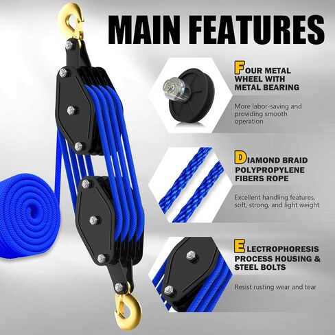 Rope Hoist Pulley System, 4400LB Pulley Block and Tackle, 8:1 Ratio Lifting Power 65ft, Heavy Duty Pulley Block for Hunting Lifting Heavy Objects Garage Warehouses Building (Blue) in Kuwait