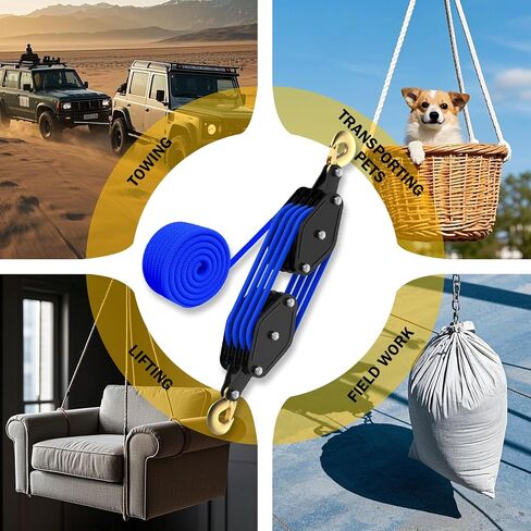 Rope Hoist Pulley System, 4400LB Pulley Block and Tackle, 8:1 Ratio Lifting Power 65ft, Heavy Duty Pulley Block for Hunting Lifting Heavy Objects Garage Warehouses Building (Blue) in Kuwait